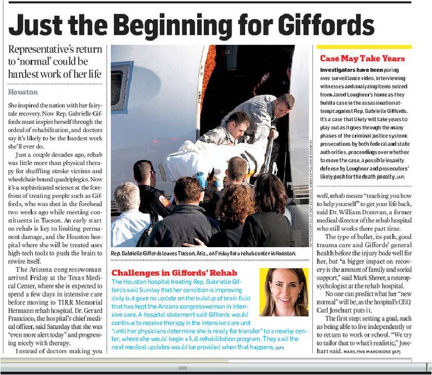 Rep. Gabrielle Giffords is continuing her battle and starts physical therapy